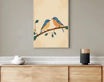 Bluebird Mid-Century Modern Art Print, Retro Folk Bird, Vintage Style Home Decor (Canvas or Poster)