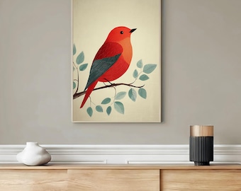 Mid Century Modern Red Bird on Branch Wall Art, Whimsical Folk Abstract, Canvas Print or Poster