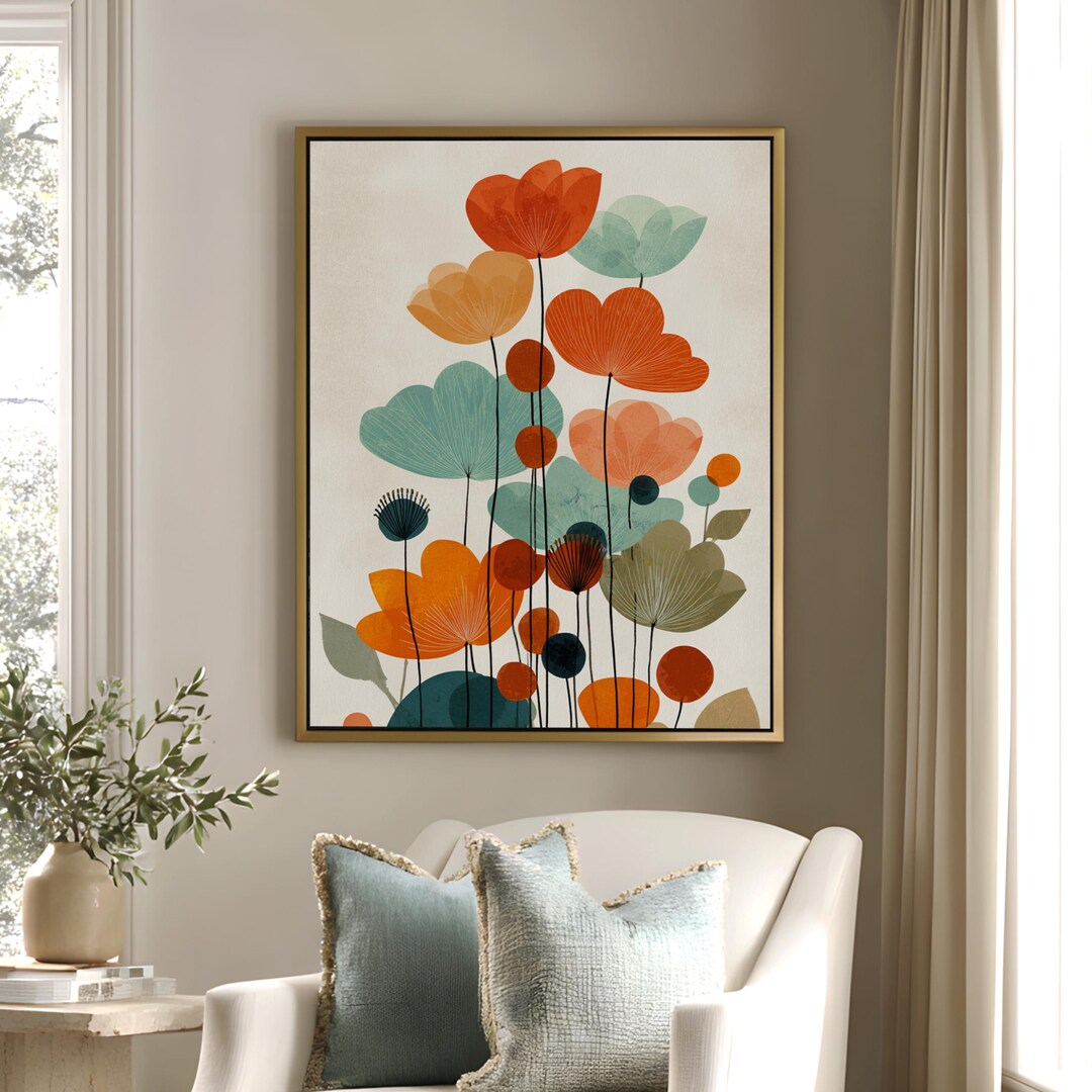 Botanical Mid Century Floral Wall Art Print, Colorful Burnt Orange ...