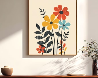 Floral Art Print, Mid Century Modern Wall Art, Botanical Poster or Canvas,