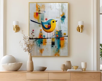 Modern Colorful Bird on Branch Print Wall Art, Whimsical Folk Abstract, Poster Canvas