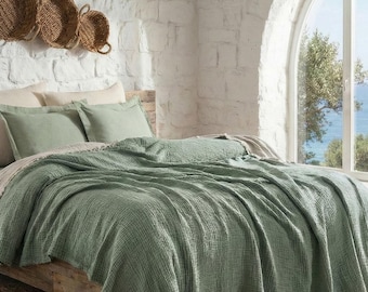 Organic Cotton 4 Layer Muslin Bedspread, Soft Breathable Blanket, Double Gauze Coverlet
