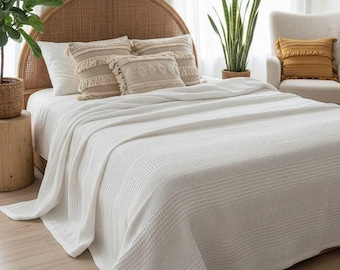 White Waffle Weave Bed Cover: 100% Turkish Cotton, Lightweight Blanket