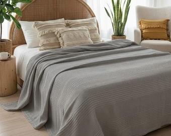Stone Gray Waffle Weave Turkish Cotton Bed Blanket: Lightweight Throw