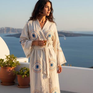 Handgjord bomulls kimono-morgonrock - Blå onda ögat turkisk muslinbadrock