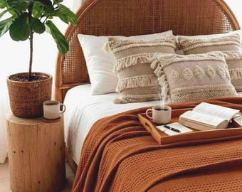 Terracotta Waffle Weave Bed Cover, Turkish Cotton Blanket, Lightweight Breathable Throw, Minimalist Bedding, Boho Bedspread