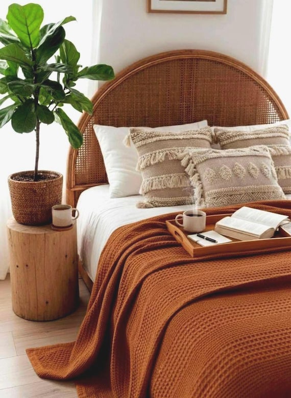 Terracotta Waffle Weave Bed Cover, Turkish Cotton Blanket, Lightweight Breathable Throw, Minimalist Bedding, Boho Bedspread