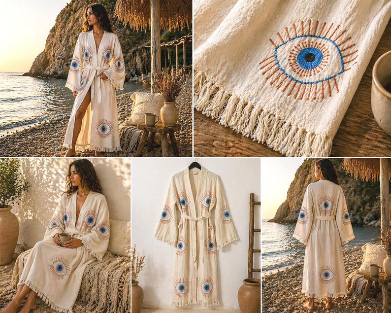 May include: Cream-colored robe with an embroidered eye design in blue and orange. The robe has a belt, wide sleeves, and fringe along the bottom. The eye design is repeated on the sleeves and back. The robe is made of a lightweight fabric.
