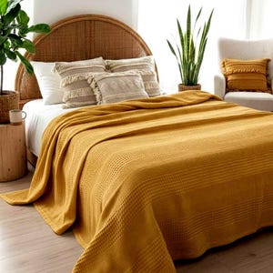 May include: A mustard yellow waffle-weave bedspread draped over a bed with a rattan headboard. The bed features two beige decorative pillows with fringe and a white pillow. A matching mustard yellow pillow rests on a nearby armchair.