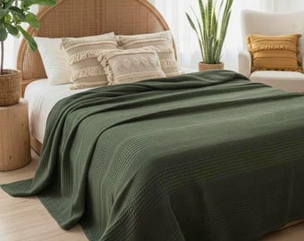 Army Green Turkish Cotton Waffle Weave Bed Cover: Lightweight Throw