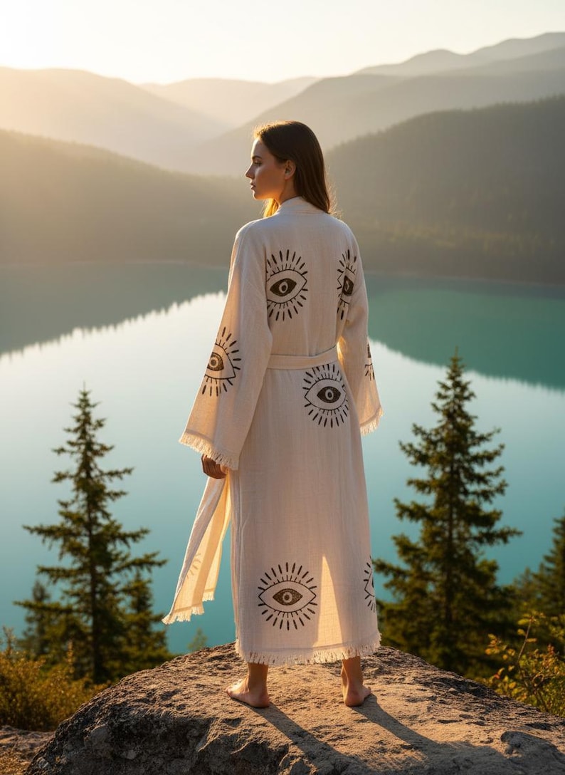 May include: A cream-colored robe with a repeating eye design in black. The robe has long sleeves, a belt, and fringe along the bottom. The person is standing on a rock, overlooking a lake and mountains.