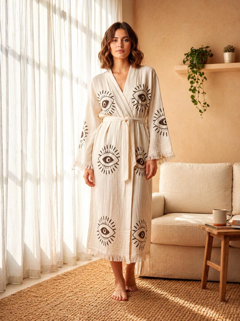 May include: Cream-colored robe with a repeating black eye design. The robe has a wrap-around style with a matching belt, fringe at the hem, and flared sleeves. The robe is made of a lightweight fabric, perfect for lounging.