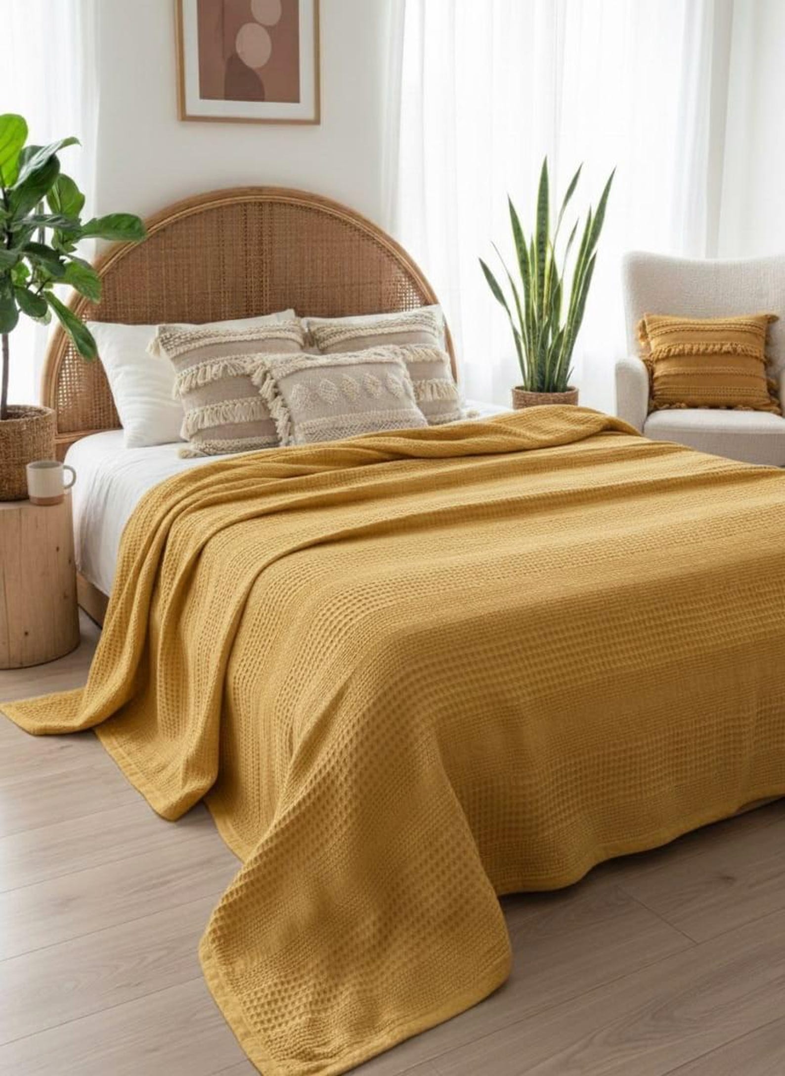 Yellow Ochre Waffle Weave Turkish Cotton Blanket - Lightweight Bed Cover - 200x230cm/ (78x90''), Yellow Ochre