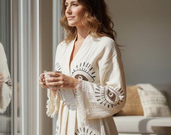 Handgemaakte katoenen kimono-badjas met boze oog-print – Turkse mousseline badjas, lichtgewicht spa- en strandbadjas
