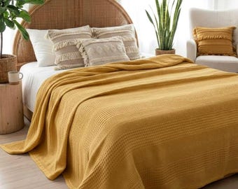 Yellow Ochre Waffle Weave Turkish Cotton Blanket - Lightweight Bed Cover