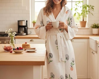 Muslin Kimono Robe for Women – Soft Cotton Bathrobe, Lightweight Spa Robe, Bridesmaid Gift