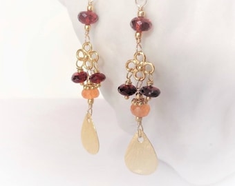 30% off WARMTH Multi Garnet & Bali Gold Vermeil Earrings, Mozambique Red Garnet, Spessartite Mandarin Orange Garnet, gifts for her