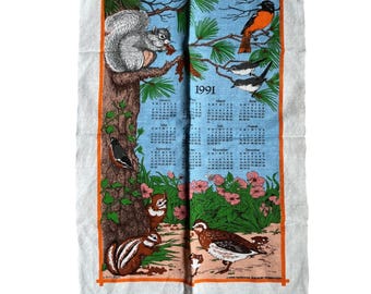 Vintage 1991 National Wildlife Federation Calendar Linen Tea Towel BirdsSquirrel