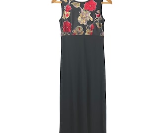 Vintage Black Velvet Floral Bodice Evening Dress Size Small