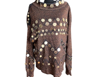 Vintage Bonnie Boerer Co. Sweater Sparkle Jingle Coin Queen Elizabeth Brown Sz M