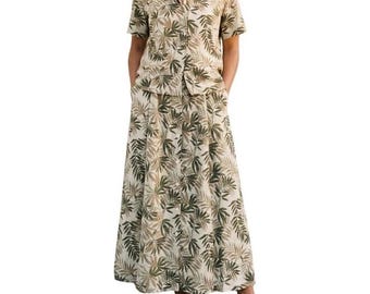 Stunning 90s Vintage Womens 100% Silk 2 Piece Set Palm Print Shirt Skirt  M