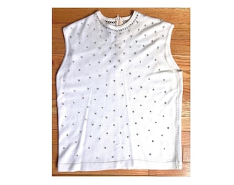 Vintage 60s Rhinestone Shell Top Ivory White Sleeveless M Kennedy