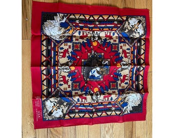 Vintage Paris Accessories Wolf Eagle Bandana Red Cotton Made in USA 21x21 Scarf