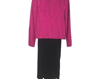 After Dark Vintage Fuchsia Hot Pink Plisse and Black Velvet Midi Dress Size 8