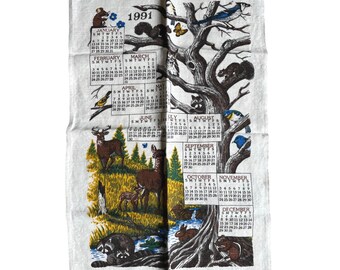 Vintage 1991 Calendar Tea Towel Woodland Animals Religious Psalm 145:9 Linen