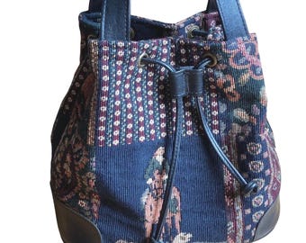 Vintage Tapestry Bucket Bag Equestrian Horse Dogs Navy Black