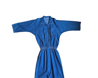 Vintage Denim Mini Dress Blue Button Front Elastic Waist Dolman Sleeve