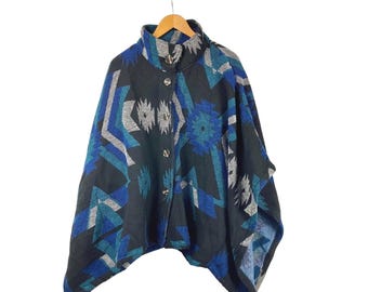 Vintage Aztec Print Button Front Mock Turtle Neck Poncho Cape Outerwear Size S