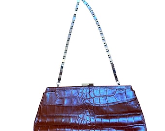 Unique Vintage 90s Etienne Aigner Cognac Brown Leather Bag Silver Strap Kiss Lok