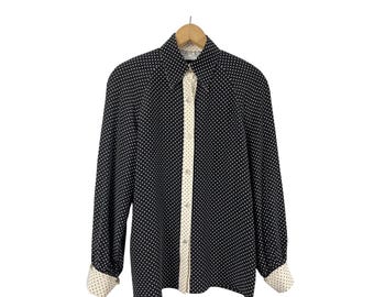 Vintage 100% Silk Polka Dot Blouse Black Cream French Cuffs M