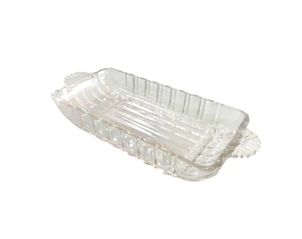 1950s Anchor Hocking Glass Clear Relish Trinkets Dish Vanity Handle Ridge