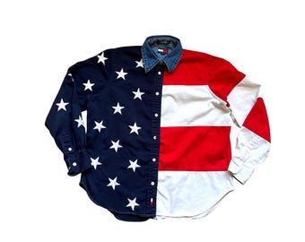 Vintage Tommy Hilfiger American Flag Stars Stripes Denim Collar Button Down LS 8