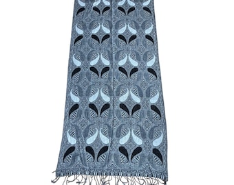 Genuine Pashmina Silk Scarf Grey Black White Paisley Tassel Accent Wrap