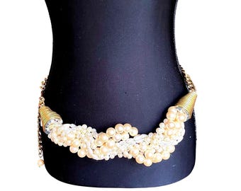 Vintage 80s Pearl Cluster Gold Chain Belt Adjustable Statement Waist 35" Glam