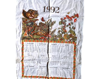 Vintage 1992 Cotton Calendar Tea Towel Nature Chipmunk Wildlife Woodland 16x22
