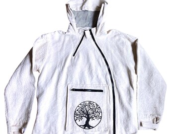 Men's Cotton Tree of Life Tribal Boho Artisanal Hippie Hoodie Cream S Festival