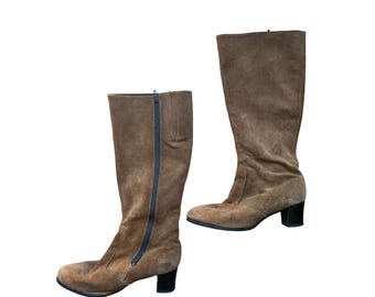 Grasshoppers Vintage 70s Tan Suede Tall Knee High Block Heel Boots 8.5 M