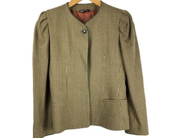 Vintage Womens 100% Wool Blazer Jacket Career Retro Green Tan Size 6 Poetcore