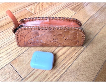 Vintage Hand Tooled Leather Stash Pouch Unisex Western Whipstitch w/Finger Strap