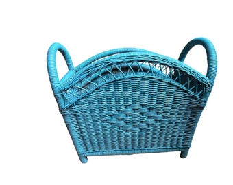 Vintage Turquoise Blue Wicker Magazine Rack Boho Rattan Floor Holder Handles