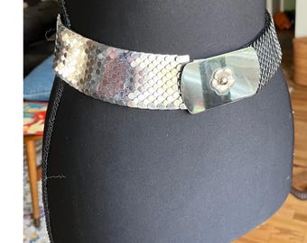 Vintage Silver Metal Scale Mesh Belt Flower Buckle Chainmail Disco Mermaid