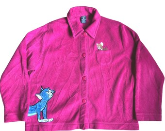 Vintage Warner Bros Studio Store Tom and Jerry Pink Fleece Jacket XL 90s Magenta