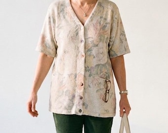 Vintage 90s Floral Linen Cotton Short Sleeve Cardigan Sweater Beige 1X Italy