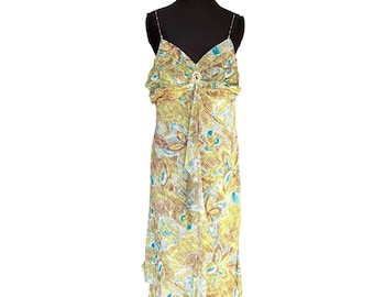 Vintage Sangria 100% Silk Midi Dress Abstract Floral Brooch Beaded Straps 14