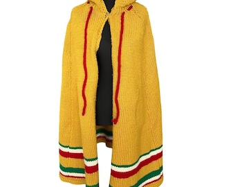 Hand Knit Chunky Wool Hooded Poncho Cape Striped Hem Retro Boho