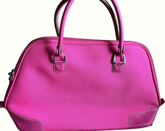 VTG Pierre Cardin Hot Pink Canvas Weekender Travel Bag Green Trim Duffel Tote